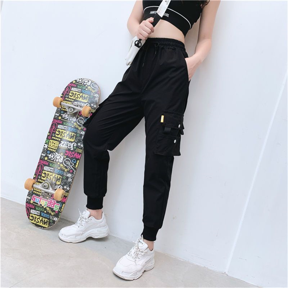 Women Shoes Joggers - 여성용 블랙 카고 팬츠, 캐주얼 조거,