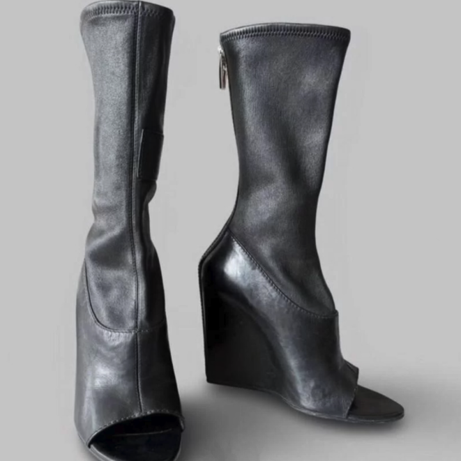 Women'S Shoes Paris - 블랙 가죽 웨지 힐 피프토 웨지