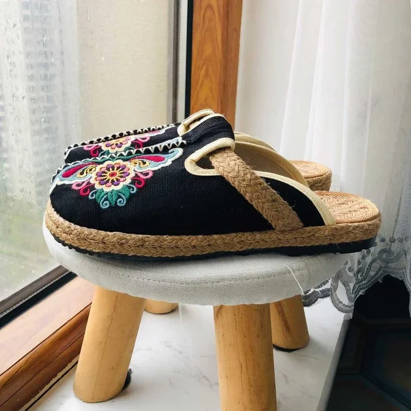 2025 여성 캐주얼 리넨 수제 자수 뮬 플랫 슬리퍼  - Women'S Shoes Vegan 리뷰 및 가격