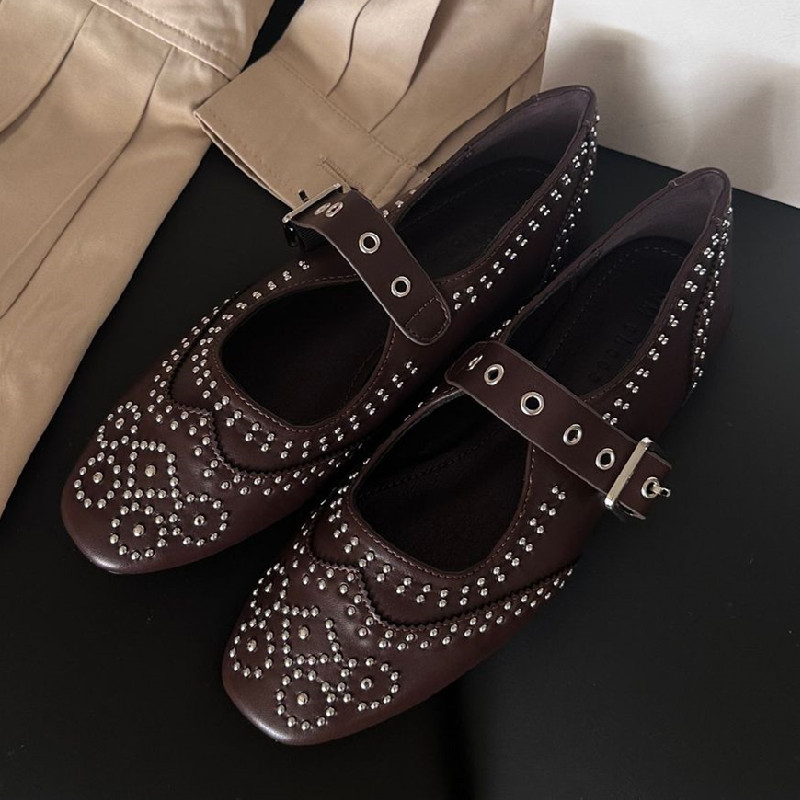 레트로 리벳 버클 디자인 플랫 여성 라운드 발가락 얕은 - Women Shoes Brands 리뷰 및 가격