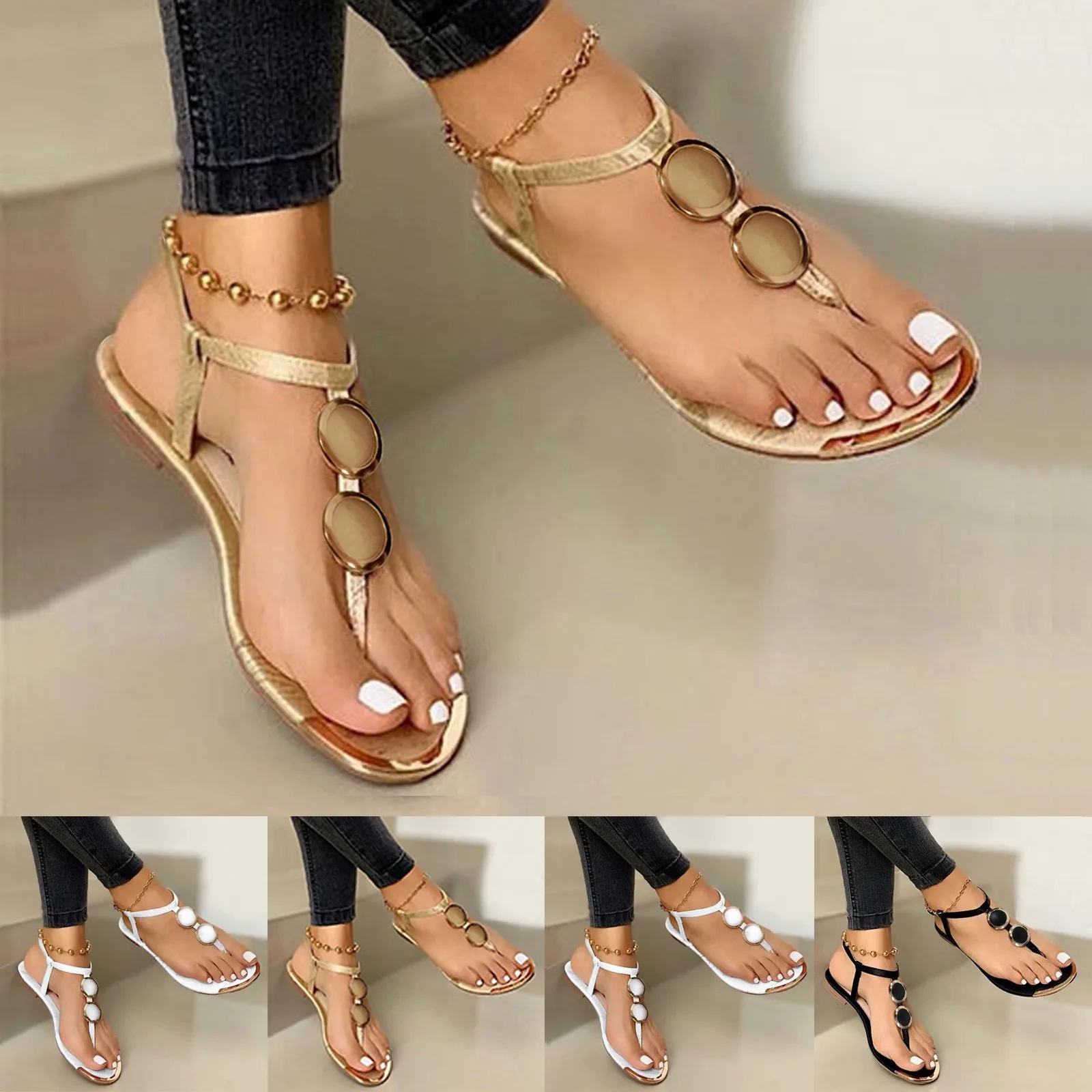 여성용 골드 체인 샌들 버클 쪼리 플랫 샌들, 캐주얼  - Gold Chain Sandal 리뷰 및 가격