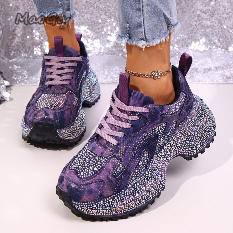 패션 라인스톤 여성용 청키 스니커즈 두꺼운 밑창 레이스 - Women Shoes Store 리뷰 및 가격