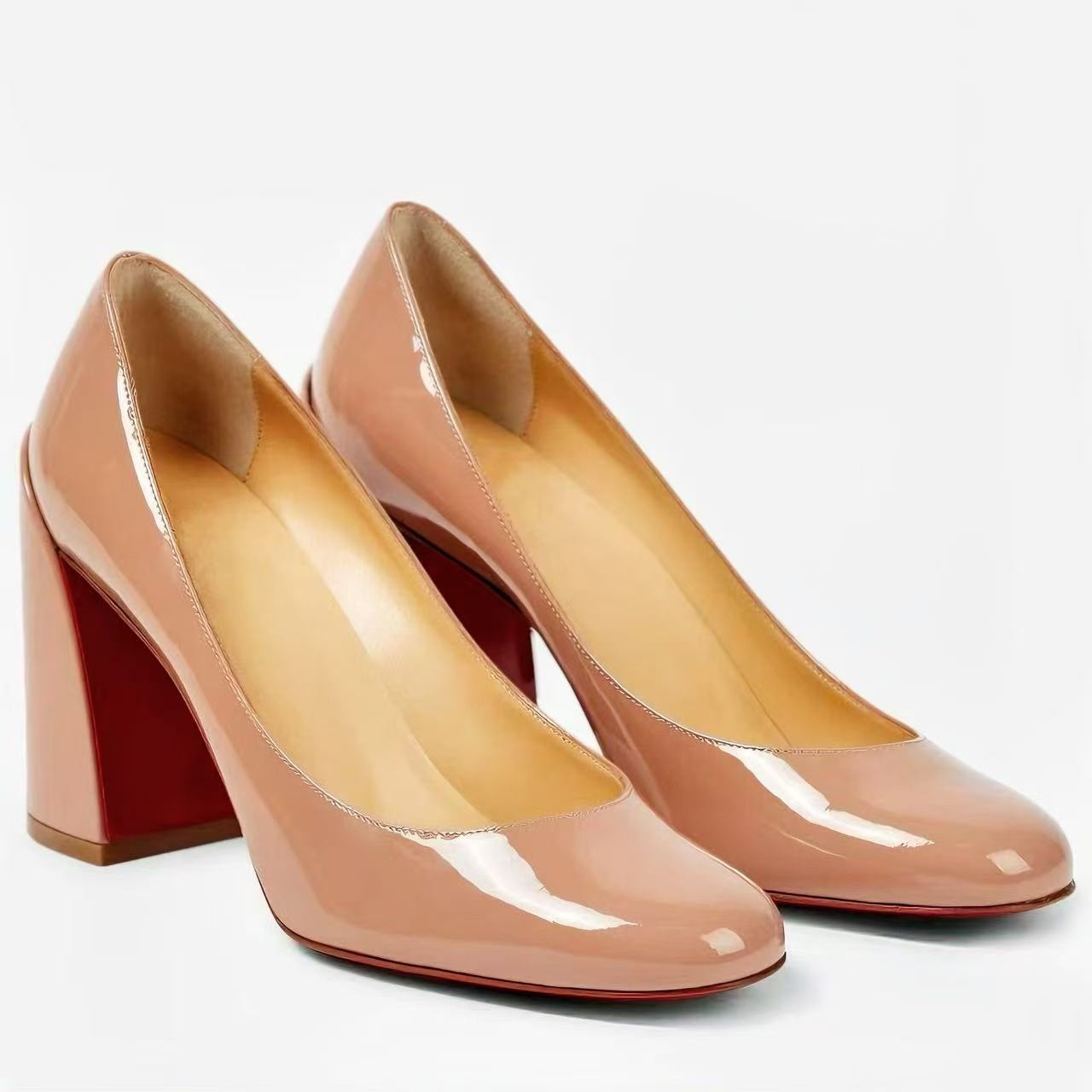 여성용 에나멜 레드 포인트 라운드 토 블록 힐 펌프스, - Patent Leather Pump 리뷰 및 가격